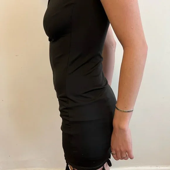 Black Strapless Mini Dress (with tassels!) (XS) - Picture 2 of 3